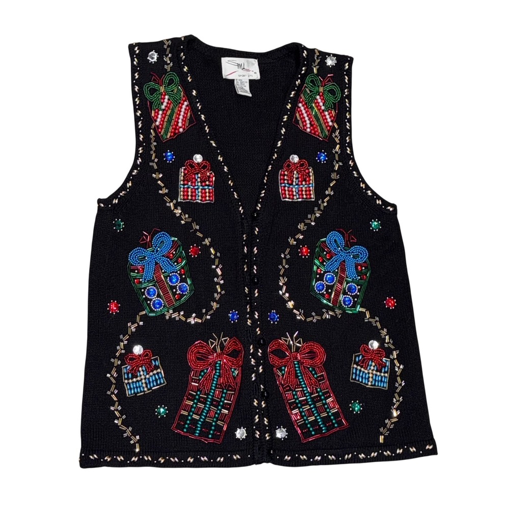 SML Sport Ltd Christmas Sweater Vest Womens M Black Beaded 1996 Vintage Flawless